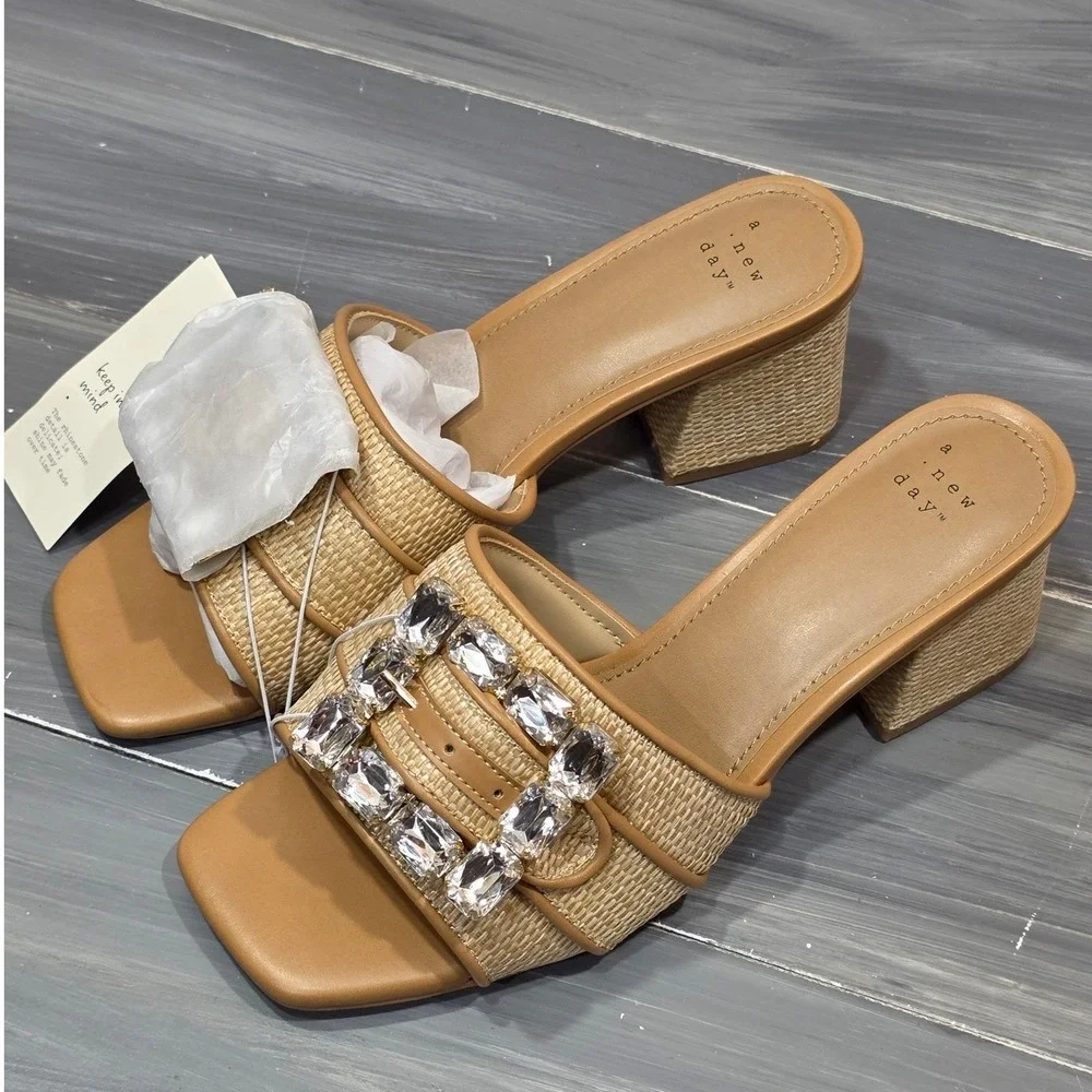 A New Day Kathleen Sandals Raffia Rhinestone Buckle Block Heel Mules Square Toe - Picture 1 of 15